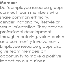 Member Dell's employee resource groups connect team members who share common ethnicity, gender, nationality, lifestyle or sexual orientation. They provide professional development through mentoring, volunteerism and community involvement. Employee resource groups also give team members an opportunity to make a positive impact on our business. 