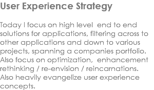 User Experience Strategy Today I focus on high level end to end solutions for applications, filtering across to other applications and down to various projects, spanning a companies portfolio. Also focus on optimization, enhancement rethinking / re-envision / reincarnations. Also heavily evangelize user experience concepts.
